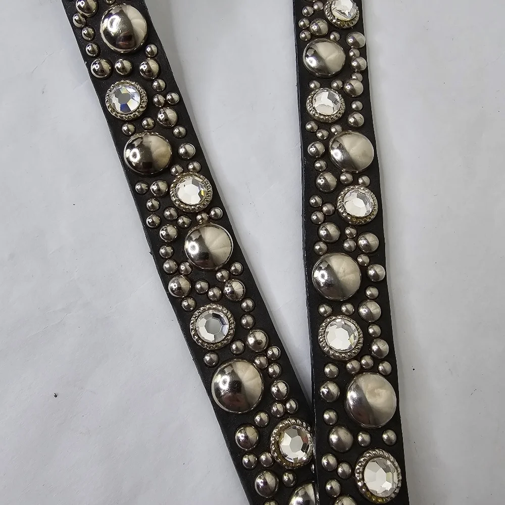 Streets Ahead Double Length Stud & Rhinestone Embellished Black Skinny Belt